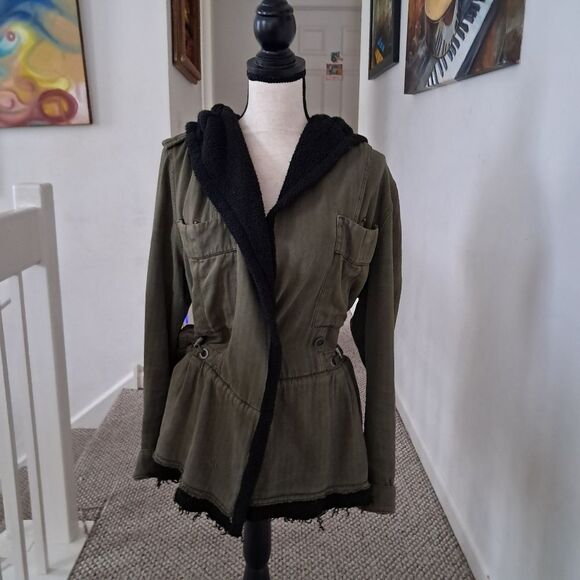 Free People Drawcord Waist Slouchy Jacket Med Olive Green Fleece Interior Hood - Picture 2 of 10